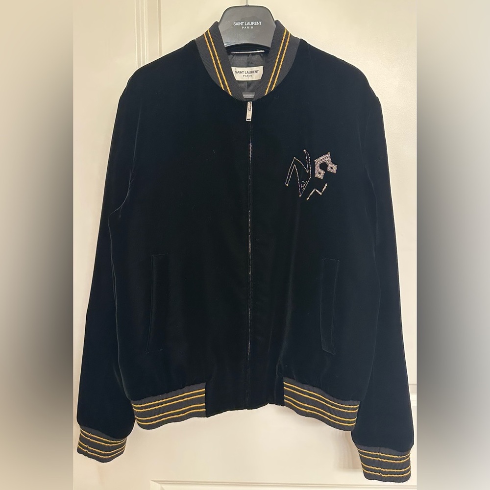Saint Laurent Iconic Velvet Beaded Radio Bomber Jacket